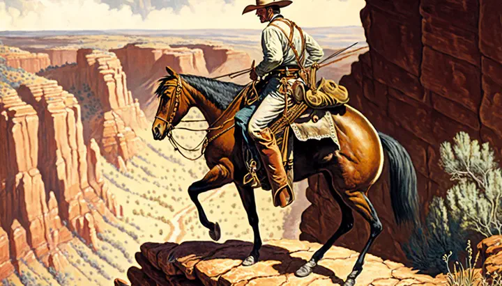 illustration of a cowboy on horseback approaching the top of a steep canyon